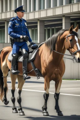 objeto: caballo; acción: parado; contexto: un recinto policial; entorno/ atmósfera: de día, estilo vestido con uniforme policial