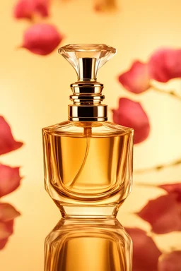 studio photo, perfume bottle, on a reflective surface, Rosebud, in front of a gradient golden background,