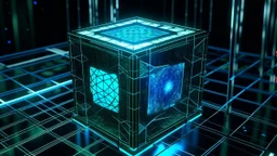 Cube tesseract from movie Loki. Tesseract size half of image. Located strictly in the middle of picture with space around it and with navy blue/green glow inside tesseract. Without surface/table on which it stay.