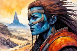 create an ink wash and watercolor portrait of a fair skinned female nomadic tribal mercenary with highly detailed, delicate feminine facial features, inhabiting an ethereal tropical canyon land in the comic book style of Jean Giraud Moebius, David Hoskins, and Enki Bilal, precisely drawn, boldly inked, with vibrant colors