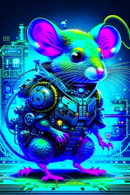 Hermos dibujo estilo Gibli de un ratón con armadura cyberpunk, full body, calidad ultra, hiperdetallada, increíble obra de arte, colores complementarios, maximalista