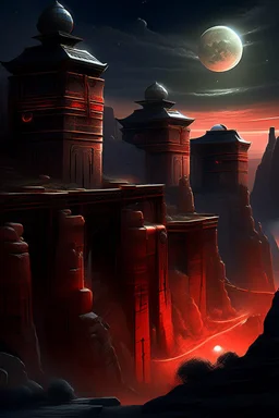 Distant view of an ancient walled city sitting in a canyon as viewed from the rim of the canyon, the city is lighted by torches placed along the walls with windows high upon the wall, One window has a scarlet cord draped out reaching the ground, the sky is dark and surrealistic with planets and moons on the horizon, the rim of the canyon has armored soldiers laying in wait while 2 spies work their way down to the outside of the city wall where the scarlet cord hangs from the window above a cross