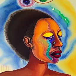 Oil and watercolour painting. Chakras. Sacred geometry. a brain exploding. kintsugi. Chaos. Portrait of a young black woman crying.a mind fracturing.confusion. Tears the colour of oil. Depression seeping out of her eyes nose and mouth like a oil spill