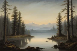 A majestic landscape painting by Caspar David Friedrich, capturing the essence of Romanticism. The painting features a tranquil forest scene, with tall, towering trees, and a serene lake reflecting the sky. In the distance, a charming village can be seen nestled among the trees. The painting's colors are muted, with a contrasting bright sky, and the overall atmosphere evokes a sense of awe and wonder.