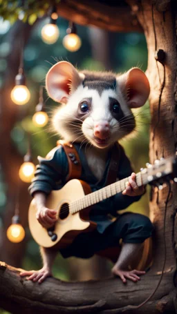 portrait of hairy rock guitar ninja opossum living inside a tree house in a hollow huge tree growing light bulbs,bokeh like f/0.8, tilt-shift lens 8k, high detail, smooth render, down-light, unreal engine, prize winning