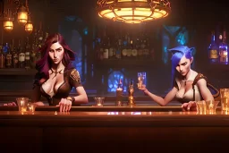 Two beautiful female cats in a bar, high-quality, fine-detail, intricate, digital art, detailed matte, volumetric lighting, dynamic lighting, 3D octane render, Marc Adamus, Ann Prochilo, Romain Veillon,