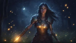 Woman Warrior, night, fireflies