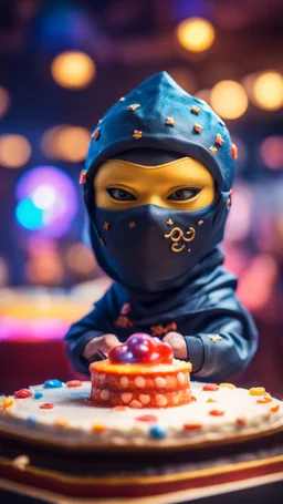 portrait of cute ninja with jelly man mask , baker of the highest many storied advanced art ninja star cake sculpture during a casino game show, bokeh like f/0.8, tilt-shift lens 8k, high detail, smooth render, down-light, unreal engine, prize winning