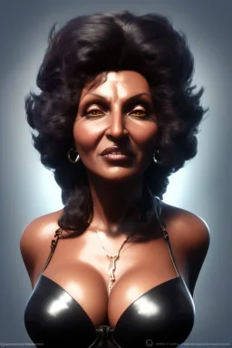 Pam Grier as evil queen in black leather, leather, busty, cleavage, angry, stern look. character design by cory loftis, fenghua zhong, ryohei hase, ismail inceoglu and ruan jia. unreal engine 5, artistic lighting, highly detailed, photorealistic, fantasy