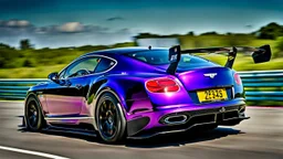 A sleek (((racing purple bentley gt3r ))),, cutting through a (((clear bright blue morning sky)))