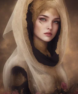 veil head Muslim Princess, hijab, black eyes, no top with roses, 8k resolution