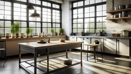 generate a kitchen with industrial style with windows tables