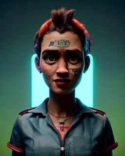 Waist up portrait, hybrid character, waitress British woman with classic muppet mask that covers her entire head and face, Sesame Street style, punk style, short shirt, tray, beer, old school tattoo, hot, smooth, unreal engine 5, god lights, ray tracing, neon, RTX, lumen lighting, ultra detail, volumetric lighting, 3d.