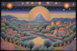 Armenian Knitted Tufting Tapestry misty Matera forest Village on the river Hills Starry Night Spring pastel color Dreams, by Paul Laffoley oil painting