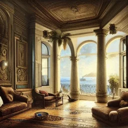  Living room with a big full wall window view on mediterranean city on sea , Ligurian architecture,interior design,point of perspective,by Jean Baptiste Monge, Epic cinematic, brilliant stunning, intricate, meticulously, detailed, dramatic atmospheric, maximalist digital matte painting