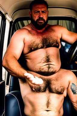 full body shot photography of an Italian sicilian taxi driver burly ugly sitting in the taxi, chubby tired 55 years old driving shirtless, bullneck, thin gold chains, short beard, sweat, short hair, bulge, robust, manly chest, looking down, big shoulders,, photorealistic, side light, ambient occlusion, tired eyes. 35mm lens, internal view inside the Taxi