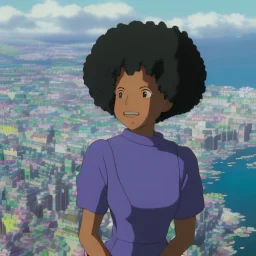 Ultra realistic photo. volumetric lighting , scientist. Young black woman, dark skin black woman. young, big smile. Joy. smiling. Afro futurism. Afro puffs. Blue hair. Ombré hair Cotton candy. Futuristic cities in background. Space. Space travel. Silver. Cities