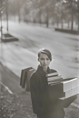 color photo of a student girl 22 years old ,short hair with her books in her hand walking in street,next to trees.