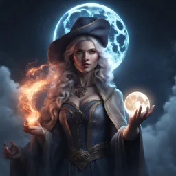 Photorealistic shot of a woman mage holding the Moon in her hand, her face illuminated by moonlight, CGSociety, ZBrushCentral, digital illustration, space background, 3d shading, fantasy art digital painting, digital illustration, extreme detail, digital art, 4k, ultra hd Smoke, smoke clouds, fog, mist, clouds