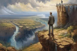 oil painting, an old track on a tall cliff, a man standing on the cliff and looking at the flooded city below him
