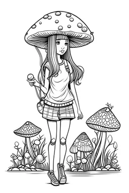 mushroom girl idea, line art, background, vector, svg, black outline on white background, leave plenty of white space beetween lines for coloring, tattoo style, tattoo idea,full body, minimalist