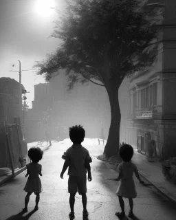 children playing on the street capture them against the sun and make an art silhouette, details, sharp, black and white 8k