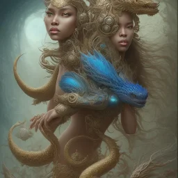 sango fantasy, fantasy magic, intricate, sharp focus, illustration, highly detailed, digital painting, concept art, matte, artgerm and paul lewin and kehinde wiley, masterpiece sexy lips Asian afro lips black African lady body mermaid blue Dragon head golden space lady sea under water mermaid pretty