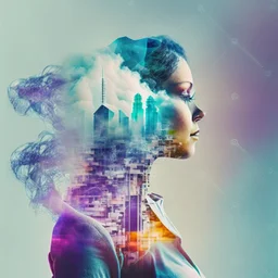 smoke plume, smog, city scape with pollution, woman, double exposure photography, colourful nature, clean sharp focus, on white background, Fractal Geometry buildings, sacred geometry