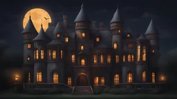 draw a real life castle that has dark colors that glow at night