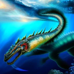 ultra detailed fullbody Drawing of Sea Dragon monster underwater , extremely detailed digital painting, intrincate, extremely detailed face,crystal clear Big eyes, in the style of Frank Frazetta, mystical colors , perfectly centered image, perfect composition, rim light, beautiful lighting, 8k, stunning scene, raytracing