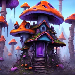 A weird mushroom house with drippy spots and eyeballs on a chunk of floating land. black purple blue orange. Detailed gloss Painting, rich color, fantastical, intricate detail, splash screen, hyperdetailed, insane depth, concept art, 8k resolution, trendi