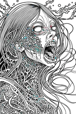 inked colorless illustration of a malevolent shape shifting female Funayurei water ghost with highly detailed facial features and skin textures, in the style of Alex Pardee , Jean Giraud Moebius, and Katsushika Hokusai, highly detailed, boldly inked,