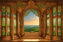 There is a wooden window on the wall. The view that can be seen from behind the window is a plain full of angels who are all in love and happy. There is a tall glass palace on top of a tall and green hill. It is a seven-color glass palace. That palace has a big, luxurious and magnificent gate.