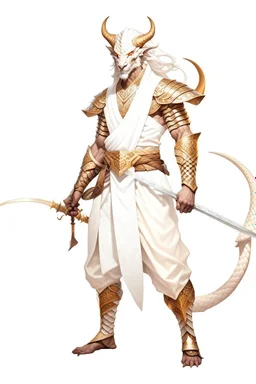 Full Body, Male White Dragonborn, Monk, Fighter Pose, White and Gold outfit colour theme, no weapons