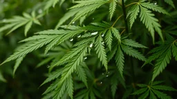 create a hemp plant and focus on a group of leaves, they have some water drops but no too exagerated, make the photo nearer and the water frops bigger, the background is like in a jungle