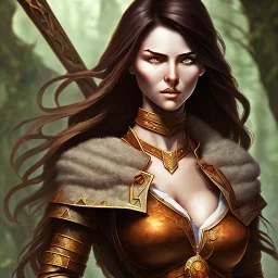 dungeons and dragons, female human, druid, brown hair, brown eyes, full body, realistic face, short hair, facial scarring, hair tied back, large nose