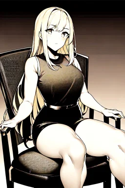 blonde girl speaks sitting on a chair, grayscale