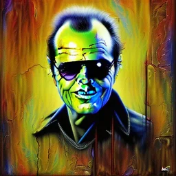 an abstract painting of Jack Nicholson, decay, mixed media, textured,highly detailed