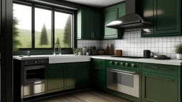 kitchen with dark green furniture, on the left side by the window from the bottom up, a microwave and an oven installed in the furniture, and on the right side and next to it an induction hob and a cooker hood above it, on the right side there is a sink and a dishwasher underneath it