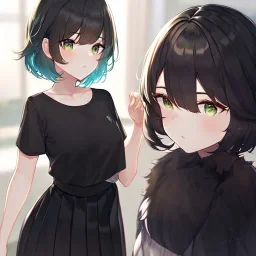 Clear focus, High resolution, fluffy black short hair, dark green eyes, wearing a black t-shirt and pleated black skirt, fluffy hair, detailed outfit