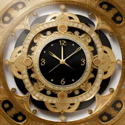 large crystal ornate square and round clock with a transparent body, wood and black and gold, transparent, rococo, Artstation, intricate and meticulously detailed 8 k, ornate and jewels, bokeh background