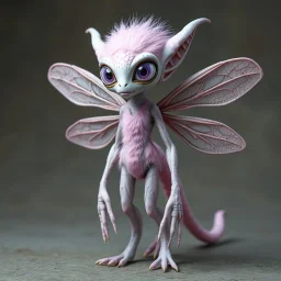 extraterrestrial being, female, humanoid body, pastel pink fur covered body, large lavender eyes, long feathery tail, insect-like wings, alien, intricately designed, highly detailed