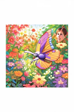 a striking purple butterfly flying by,colorful garden background , child book illustration style, faces must be the same as reference image