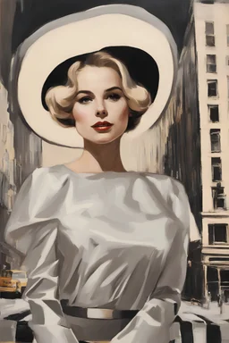 Grace Kelly of lovely bombshells oil painting Gustav Klimt style, dream, symptom, image in the background in the city artgerm display Andy Warhol style artgerm display in the 20 th century New York City. New York was like an adventure , and the city itself seemed like a big illusion, full of light and shadows.