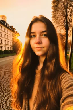 Instagram mirror selfie of a student with long brown hair while golden hour outside in jena