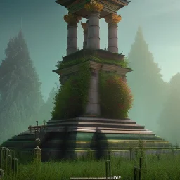 Monument, abandoned city centre, statue of human on top, look from distance, buildings visible whole statue, overgrown statue and monument, realistic, highly detailed