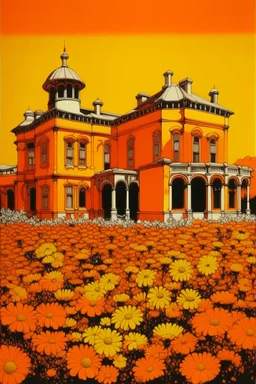 An orange colored desert palace with daisies painted by Andy Warhol