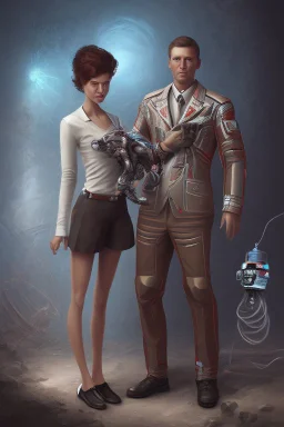 american dream painint man holding a robot girl