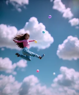 Ultra realistic clouds sky scene, medium shot view, portrait, sweet Childs, free jumping flying, trinkets, monster hair, jelly beans, balls, smile, happy, Wes Anderson style, inflatable color clothing, extreme, wind, clouds sea, 20,000 feet altitude, stratosphere, soft color, highly detailed, unreal engine 5, ray tracing, RTX, lumen lighting, ultra detail, volumetric lighting, 3d, finely drawn, high definition, high resolution.