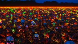 a field of 1000s of cartoonish, anatomically correct, skulls, vivid RANDOM BRIGHT neon colors, dark comedy, well lit, high detail, photorealistic, horrorcore, fun, scary, none featured, each a different color or hue,